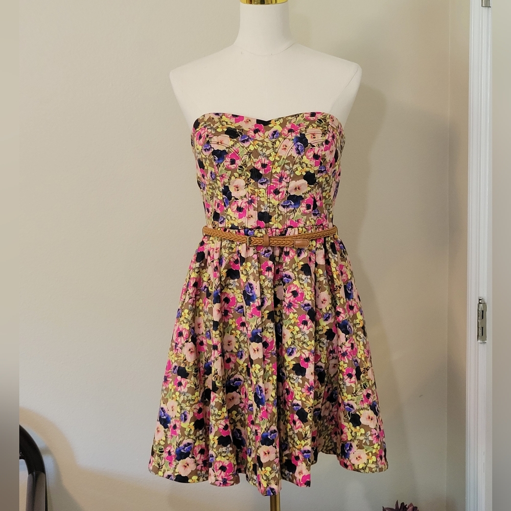 XOXO Strapless Floral Dress 11/12 Multicolor with Belt Fun Summer Cowgirl